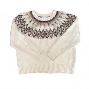 Old Navy Cream and Brown Go-Recycled Winter Pattern Crew Neck Knit Sweater Med